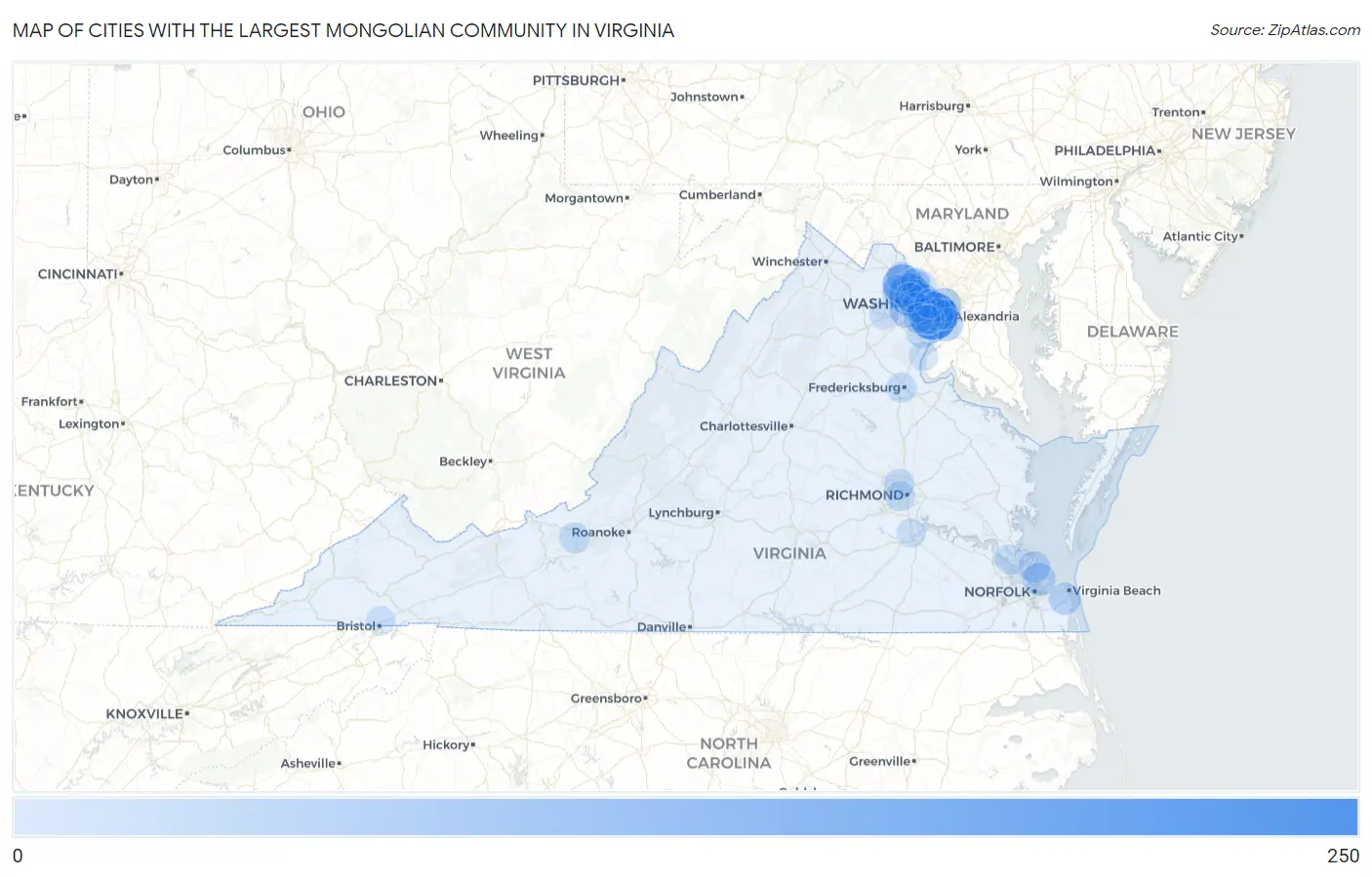 Cities with the Largest Mongolian Community in Virginia Map