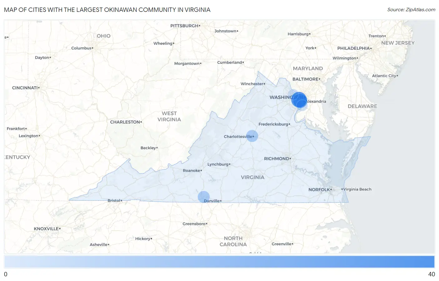 Cities with the Largest Okinawan Community in Virginia Map