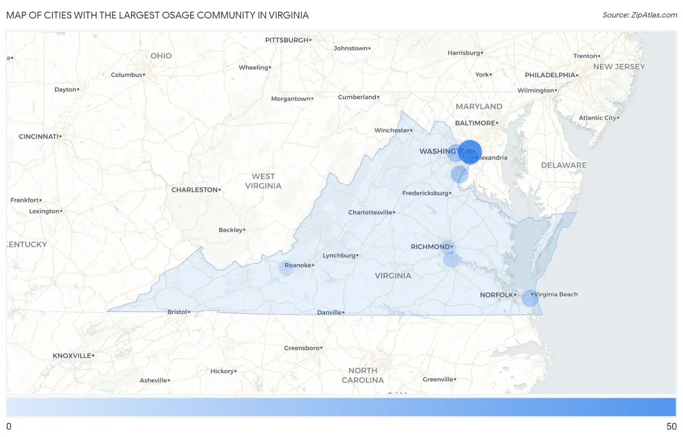 Cities with the Largest Osage Community in Virginia Map