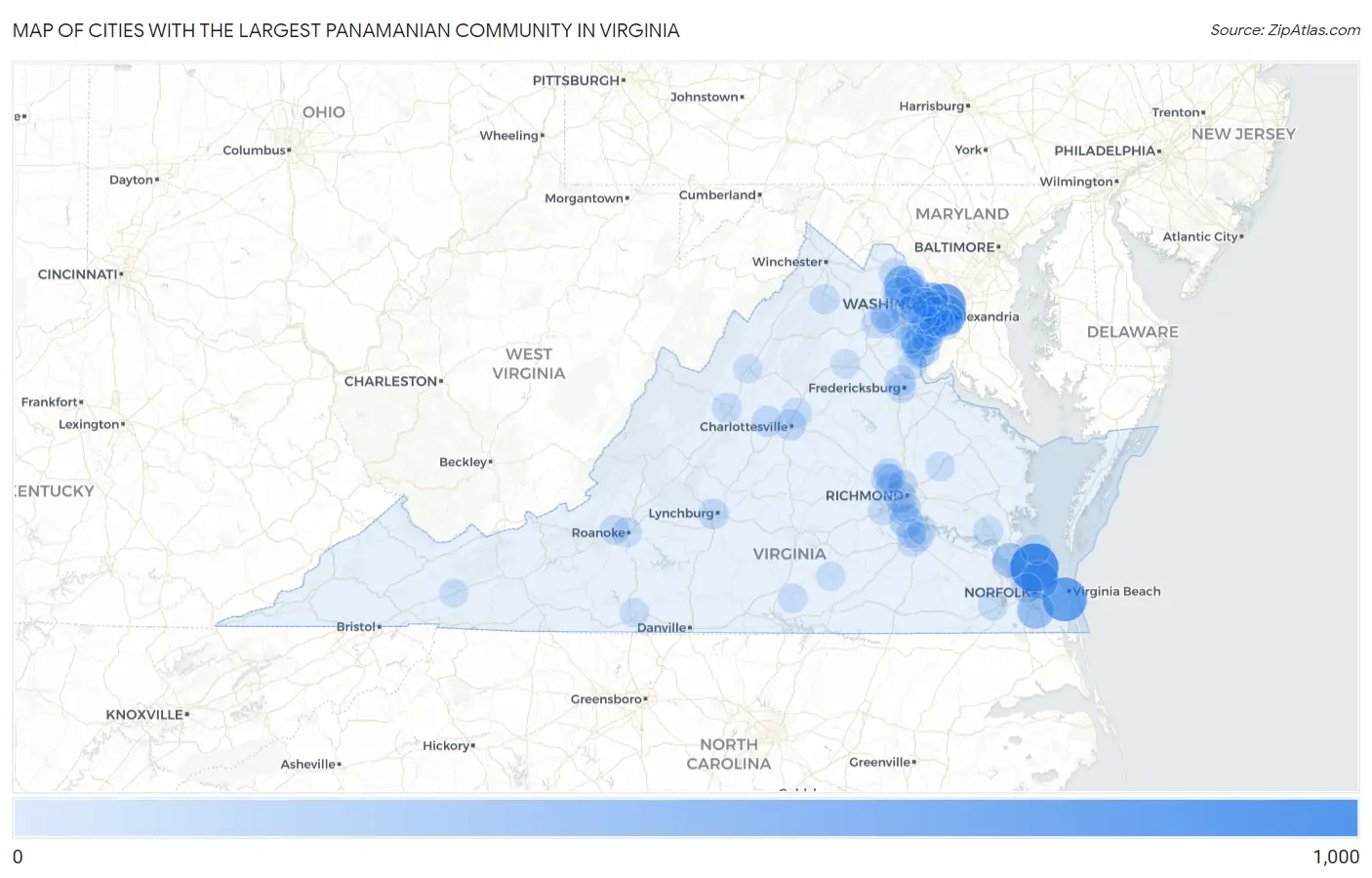 Cities with the Largest Panamanian Community in Virginia Map
