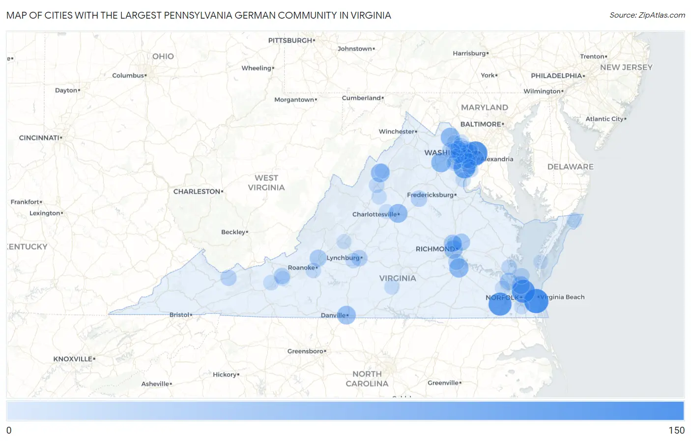 Cities with the Largest Pennsylvania German Community in Virginia Map