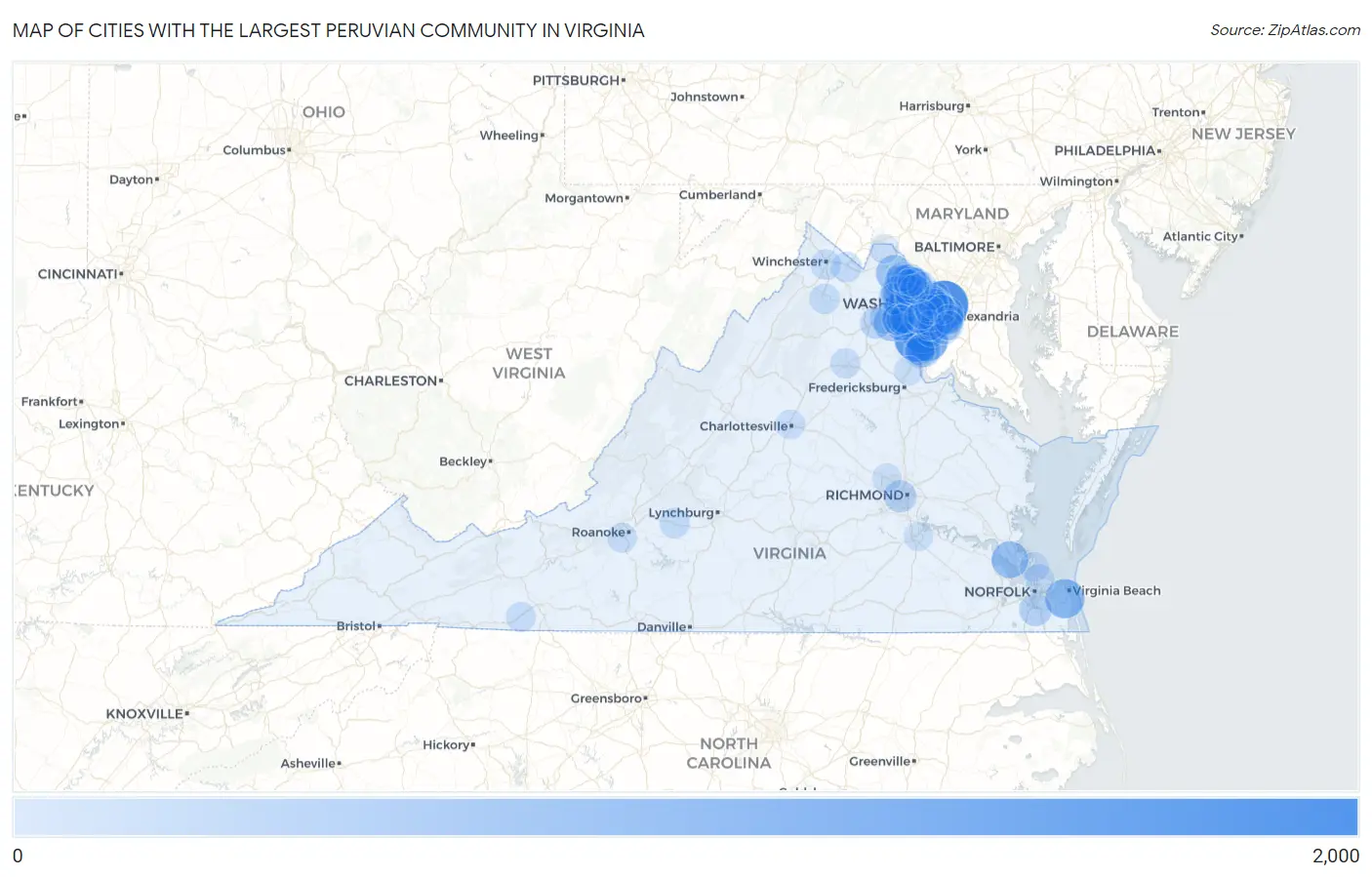 Cities with the Largest Peruvian Community in Virginia Map