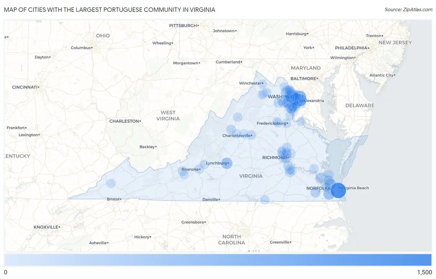 Cities with the Largest Portuguese Community in Virginia Map