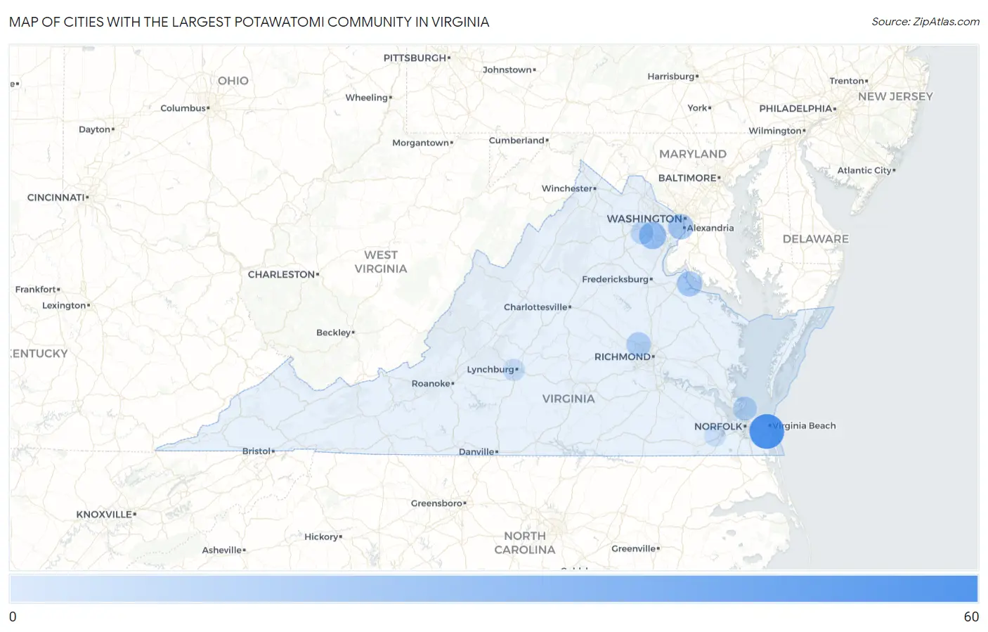 Cities with the Largest Potawatomi Community in Virginia Map