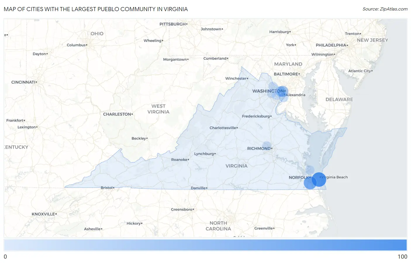 Cities with the Largest Pueblo Community in Virginia Map