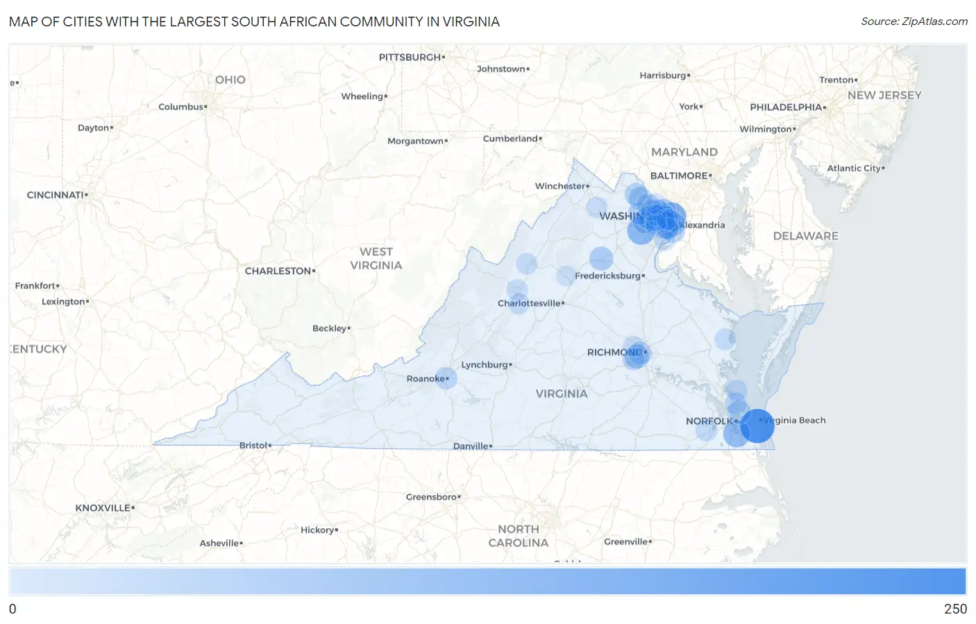 Cities with the Largest South African Community in Virginia Map
