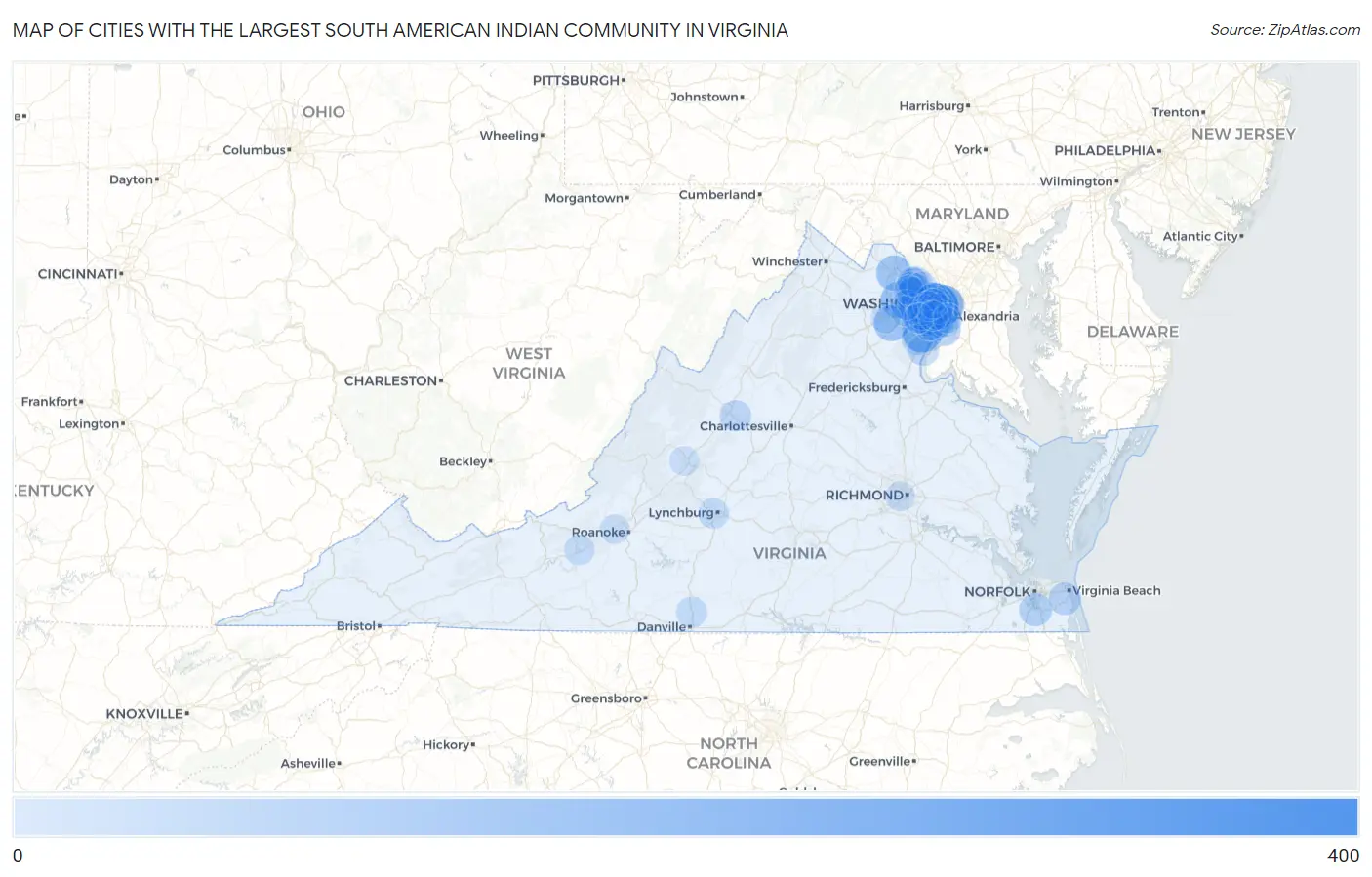 Cities with the Largest South American Indian Community in Virginia Map