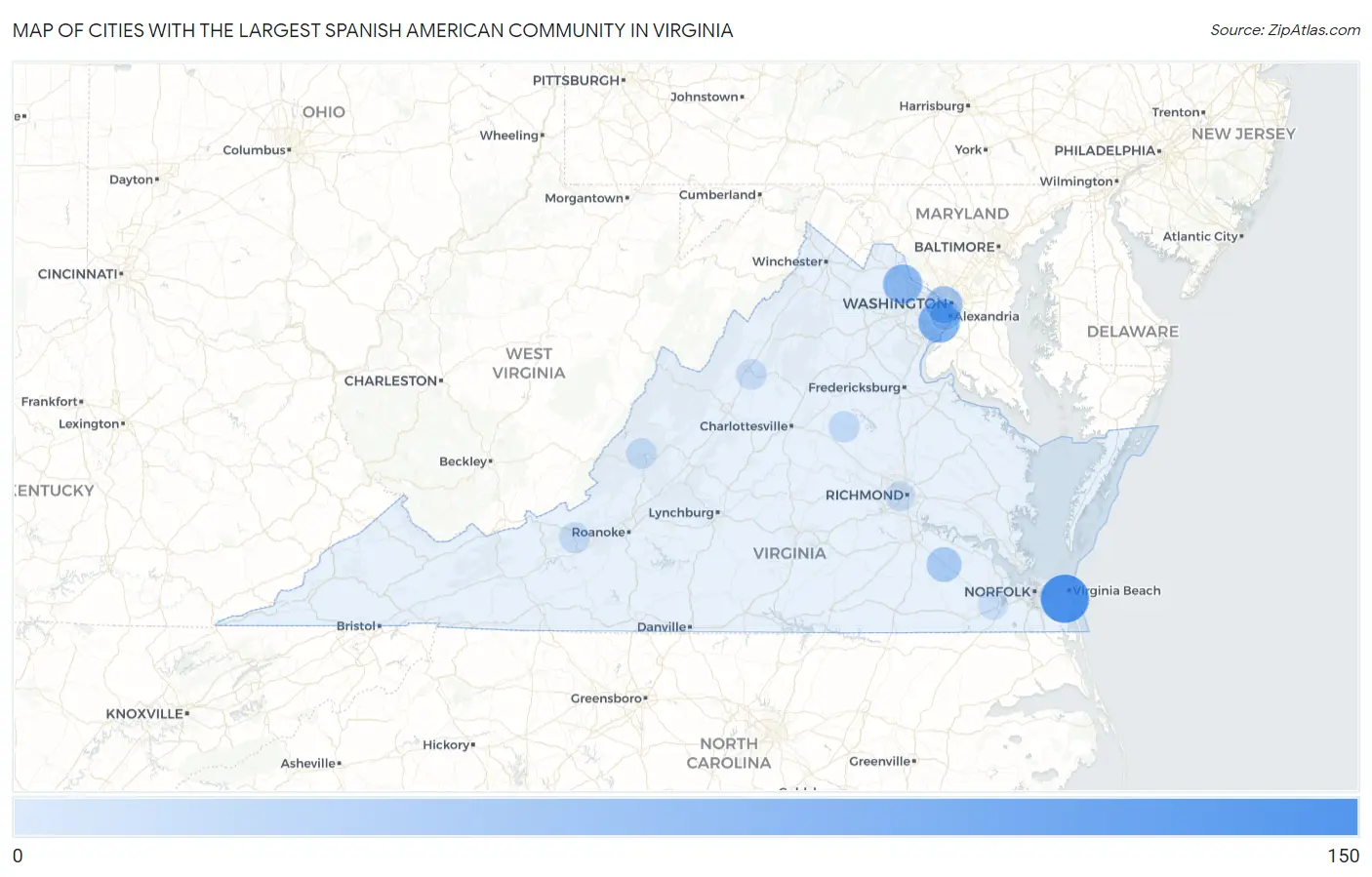 Cities with the Largest Spanish American Community in Virginia Map