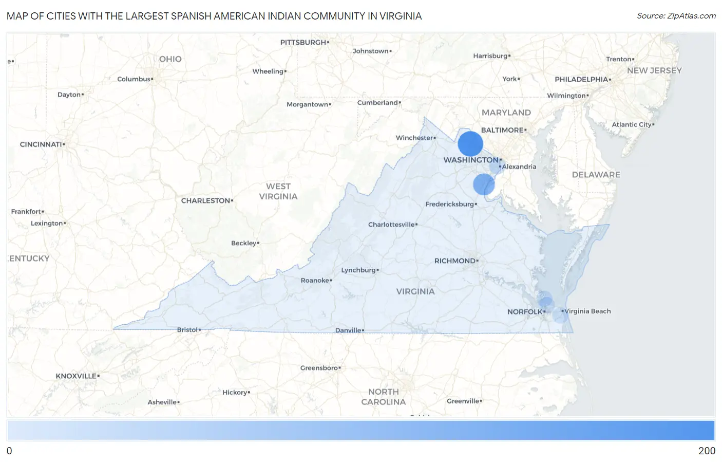 Cities with the Largest Spanish American Indian Community in Virginia Map