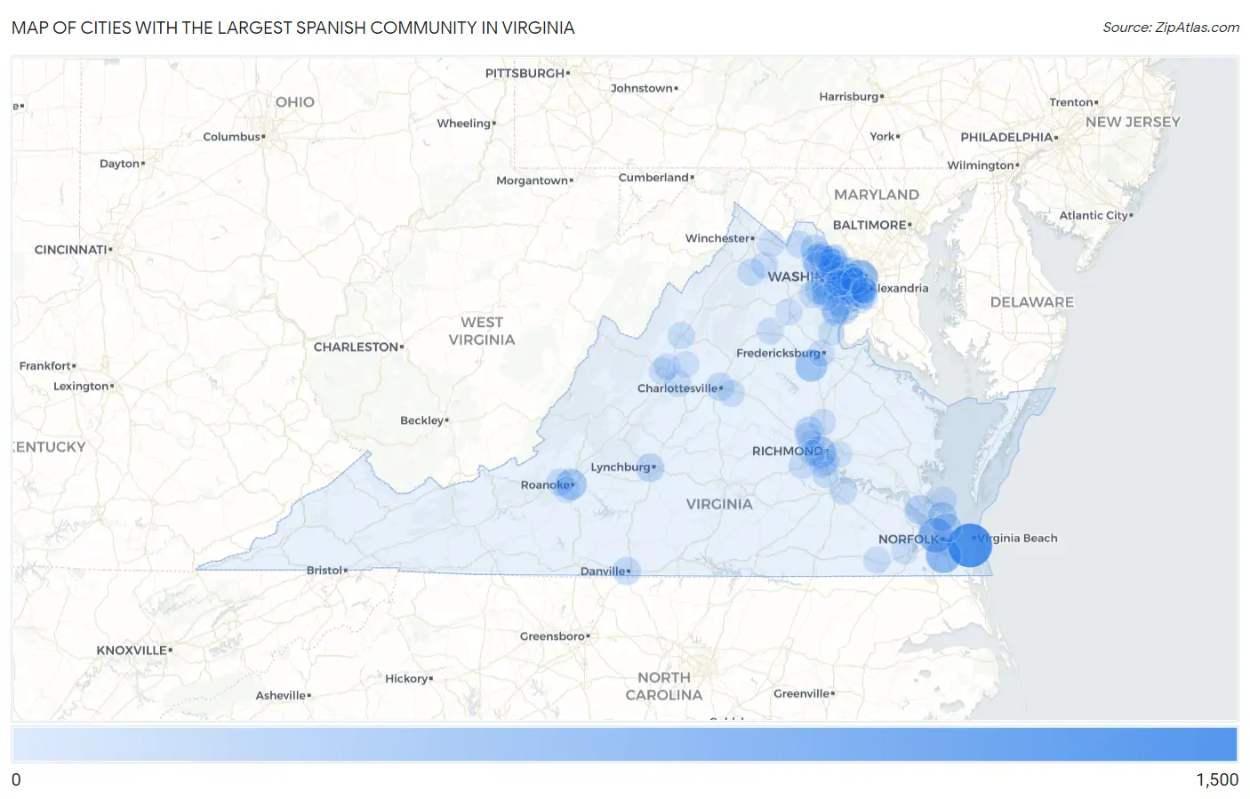 Cities with the Largest Spanish Community in Virginia Map