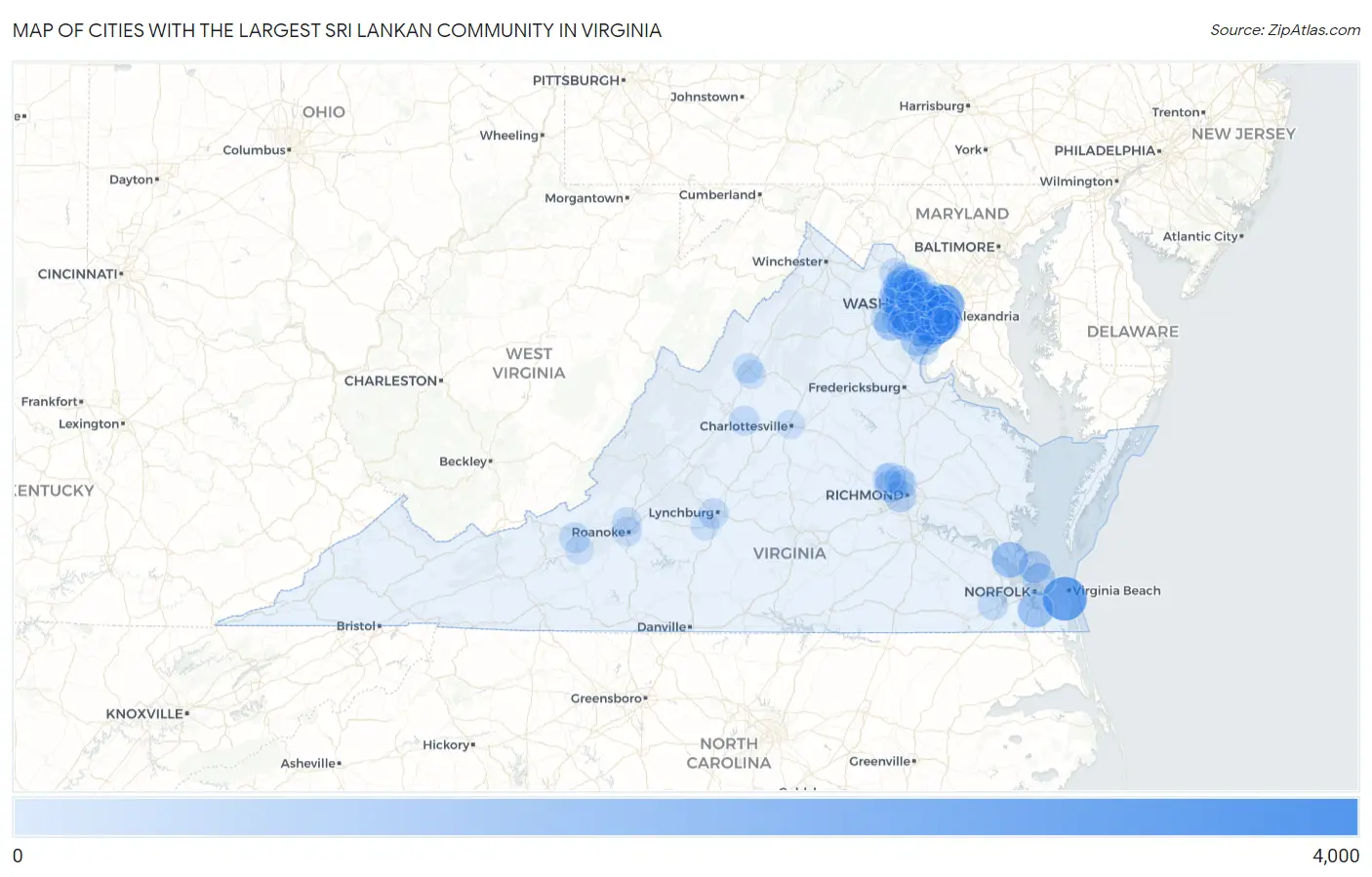 Cities with the Largest Sri Lankan Community in Virginia Map