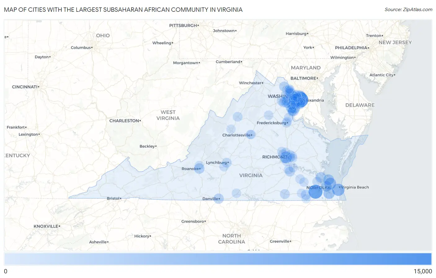 Cities with the Largest Subsaharan African Community in Virginia Map