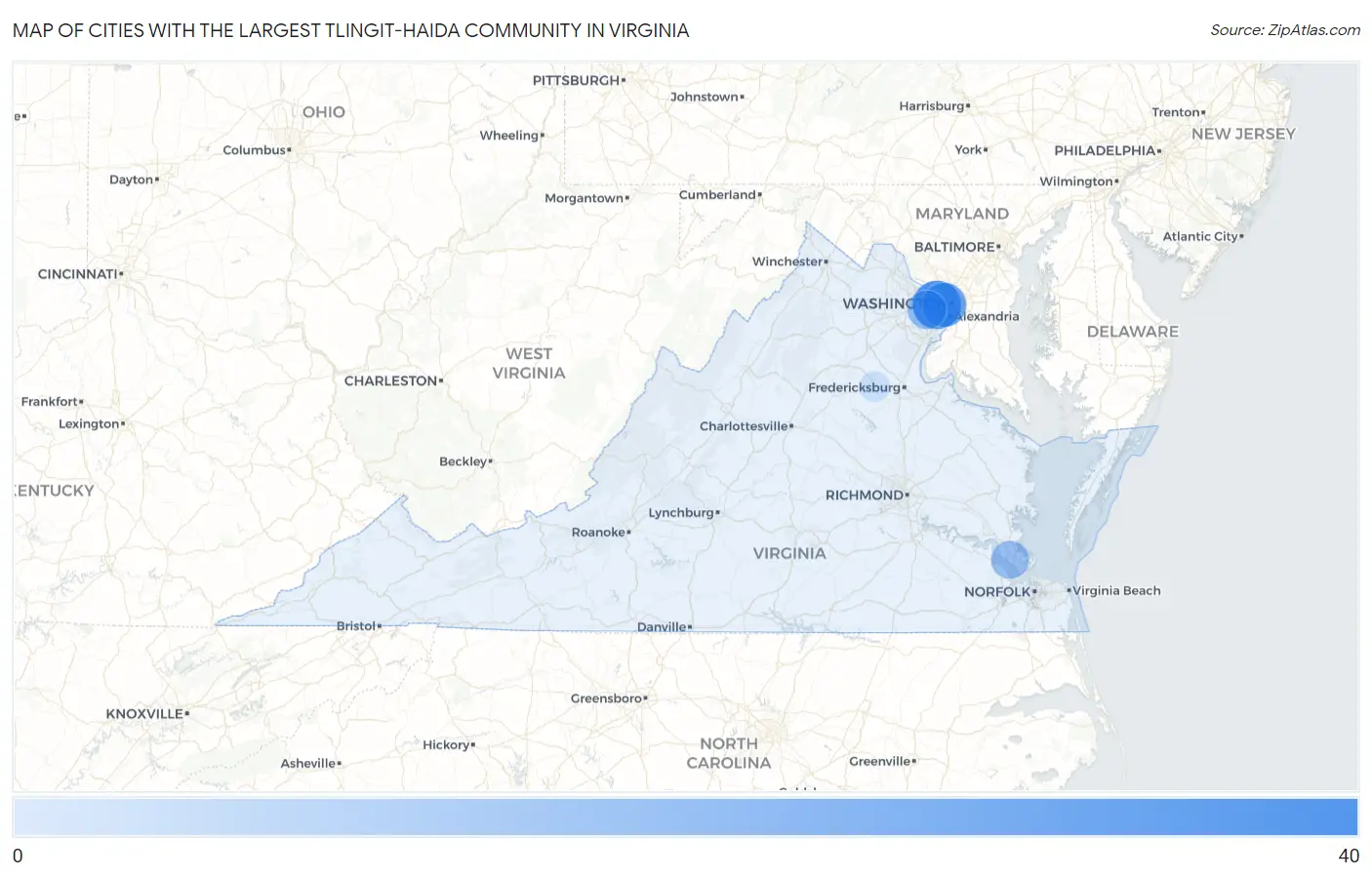 Cities with the Largest Tlingit-Haida Community in Virginia Map