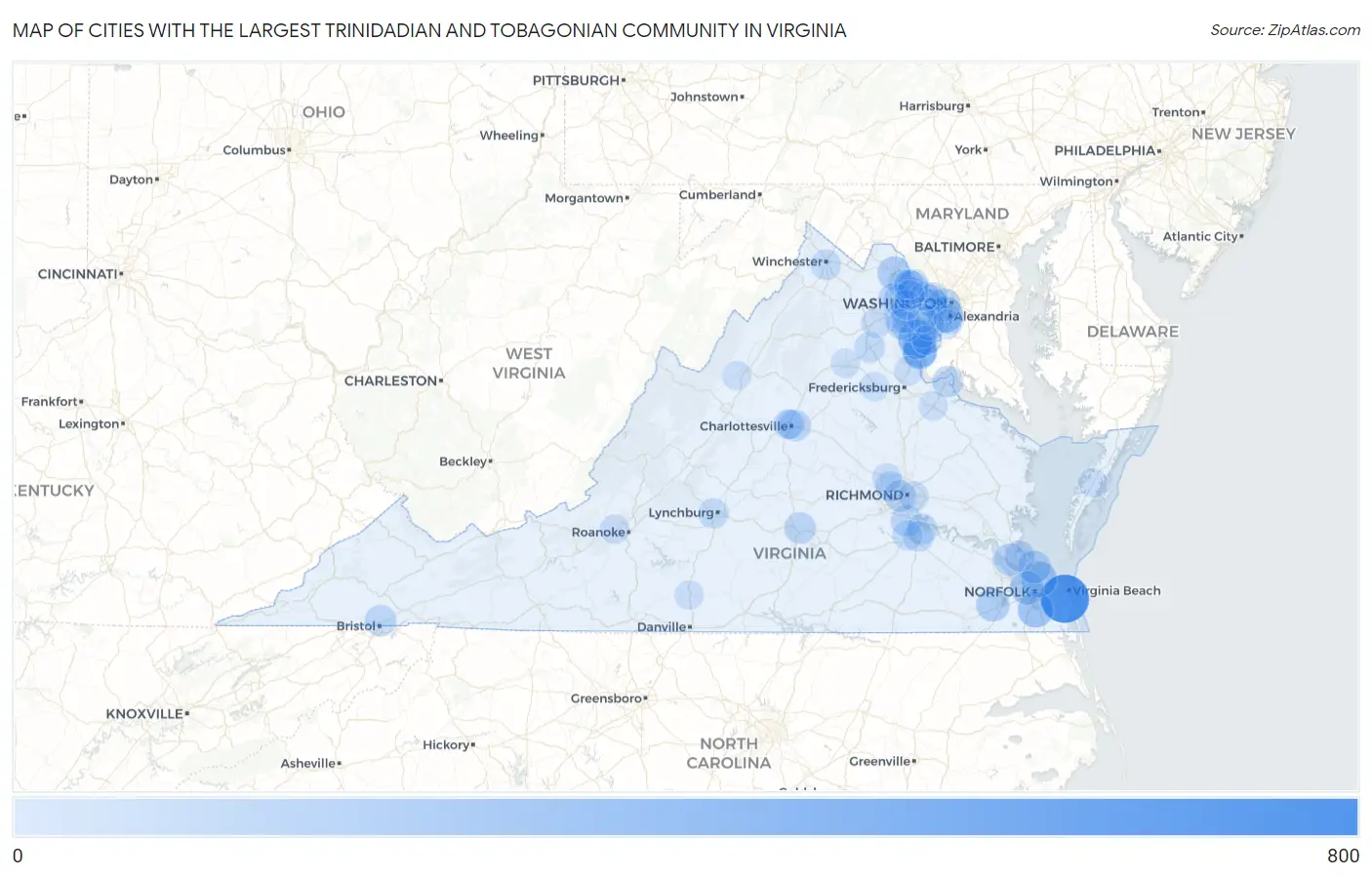 Cities with the Largest Trinidadian and Tobagonian Community in Virginia Map