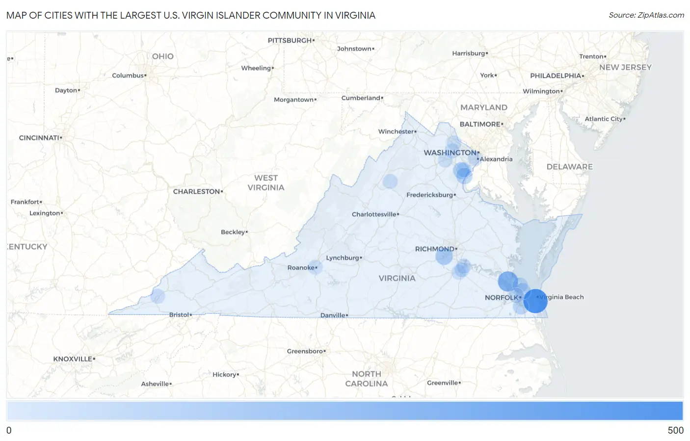 Cities with the Largest U.S. Virgin Islander Community in Virginia Map