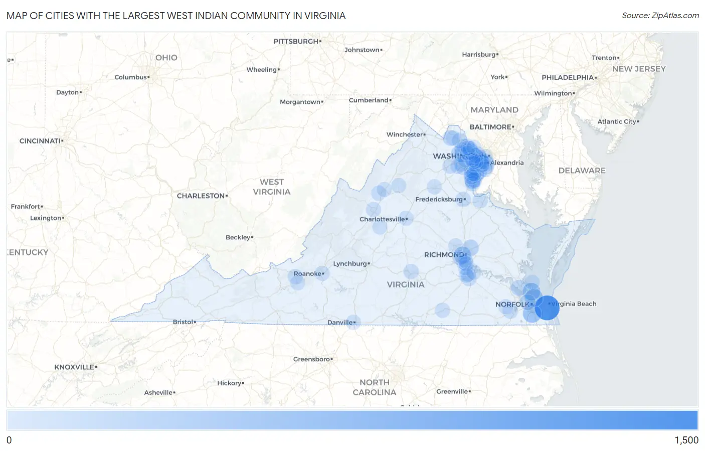 Cities with the Largest West Indian Community in Virginia Map