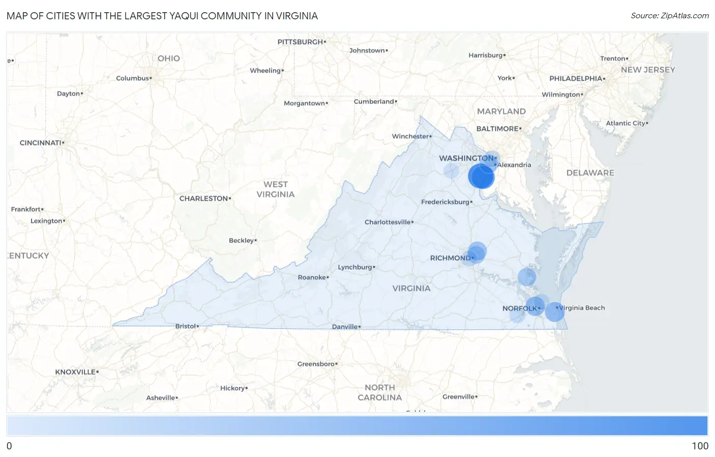 Cities with the Largest Yaqui Community in Virginia Map