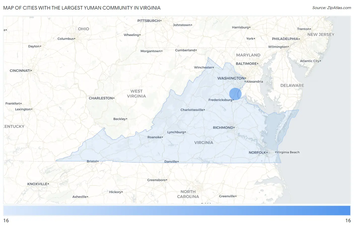 Cities with the Largest Yuman Community in Virginia Map