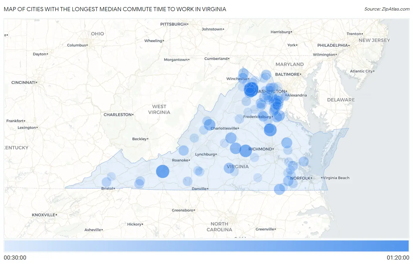 Cities with the Longest Median Commute Time to Work in Virginia Map