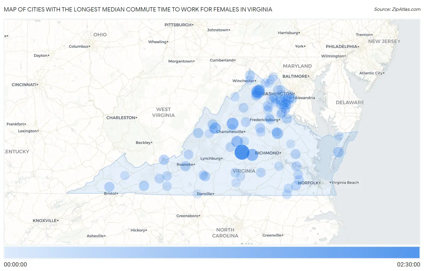 Cities with the Longest Median Commute Time to Work for Females in Virginia Map