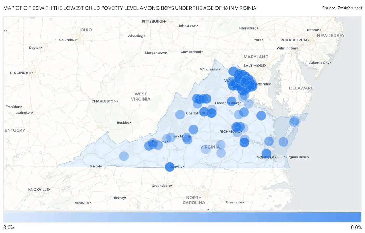 Cities with the Lowest Child Poverty Level Among Boys Under the Age of 16 in Virginia Map