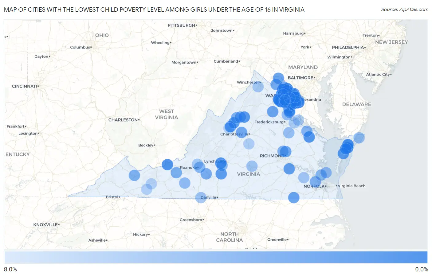 Cities with the Lowest Child Poverty Level Among Girls Under the Age of 16 in Virginia Map