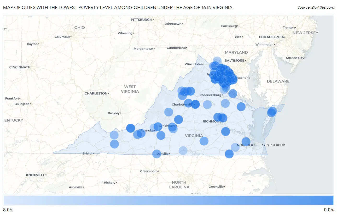 Cities with the Lowest Poverty Level Among Children Under the Age of 16 in Virginia Map