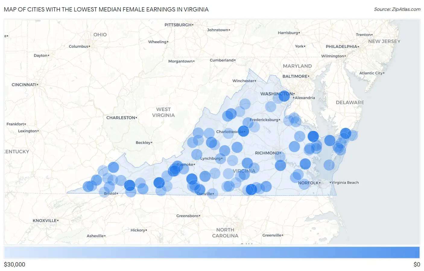 Cities with the Lowest Median Female Earnings in Virginia Map