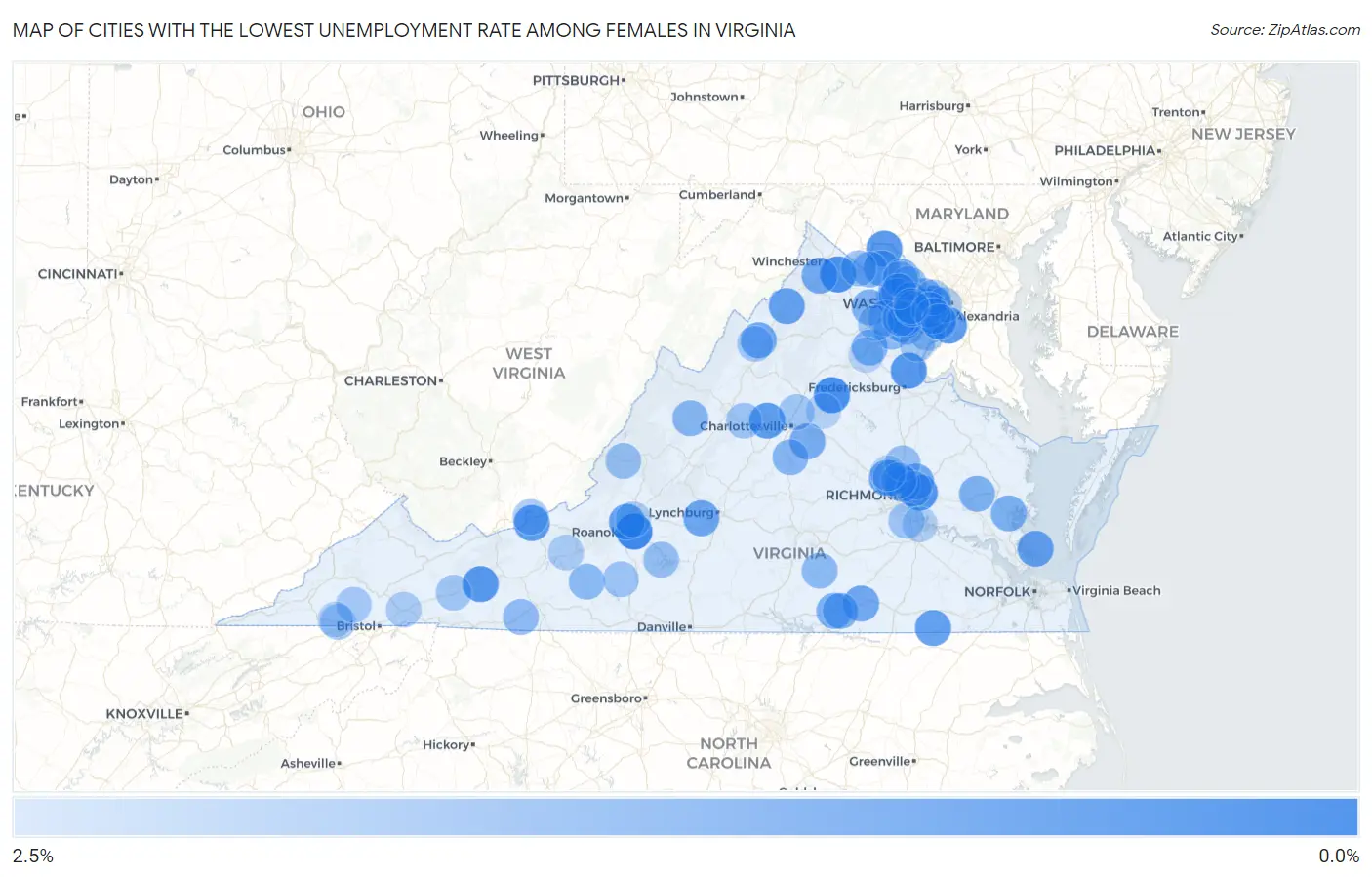 Cities with the Lowest Unemployment Rate Among Females in Virginia Map