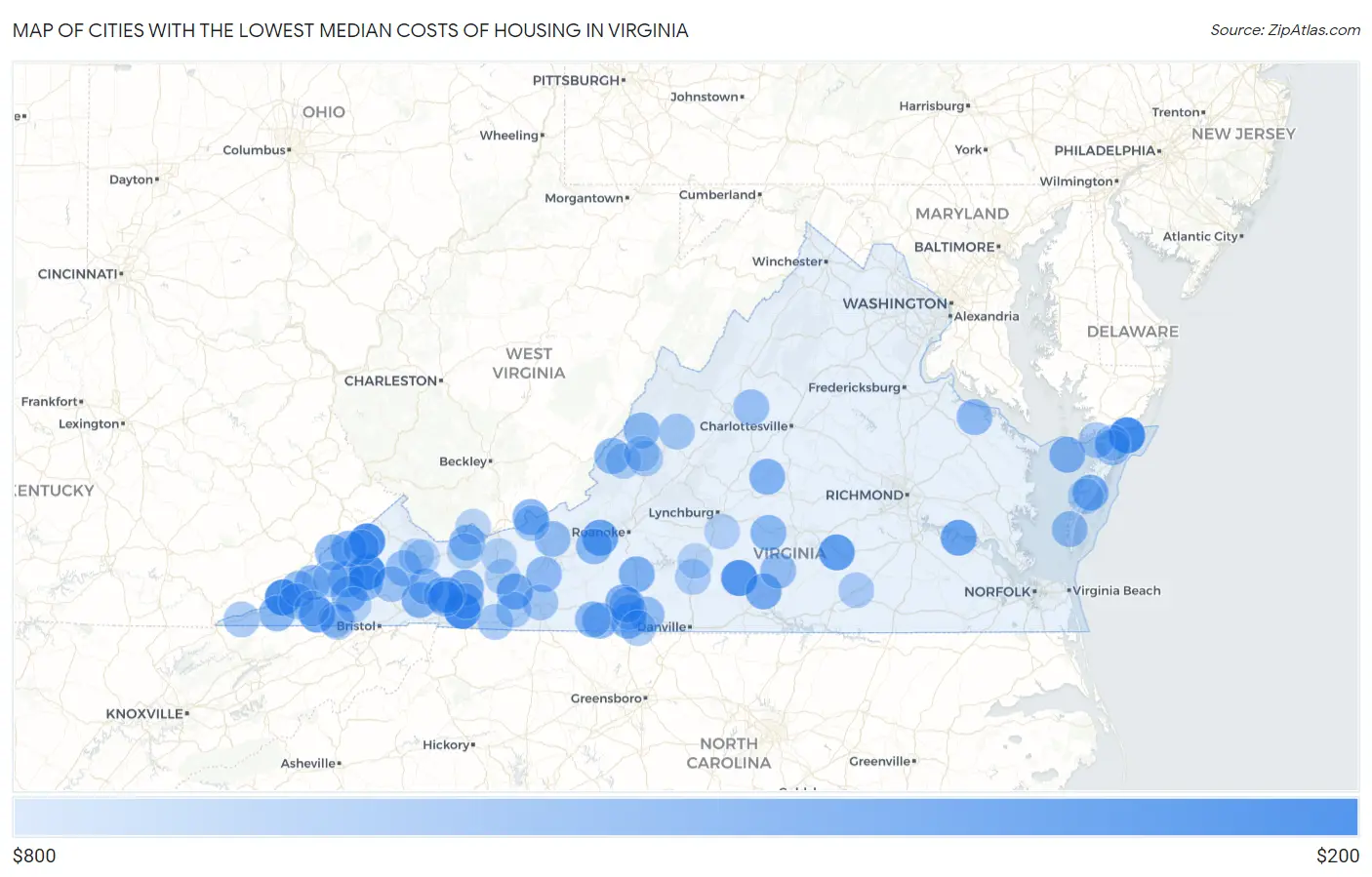 Cities with the Lowest Median Costs of Housing in Virginia Map