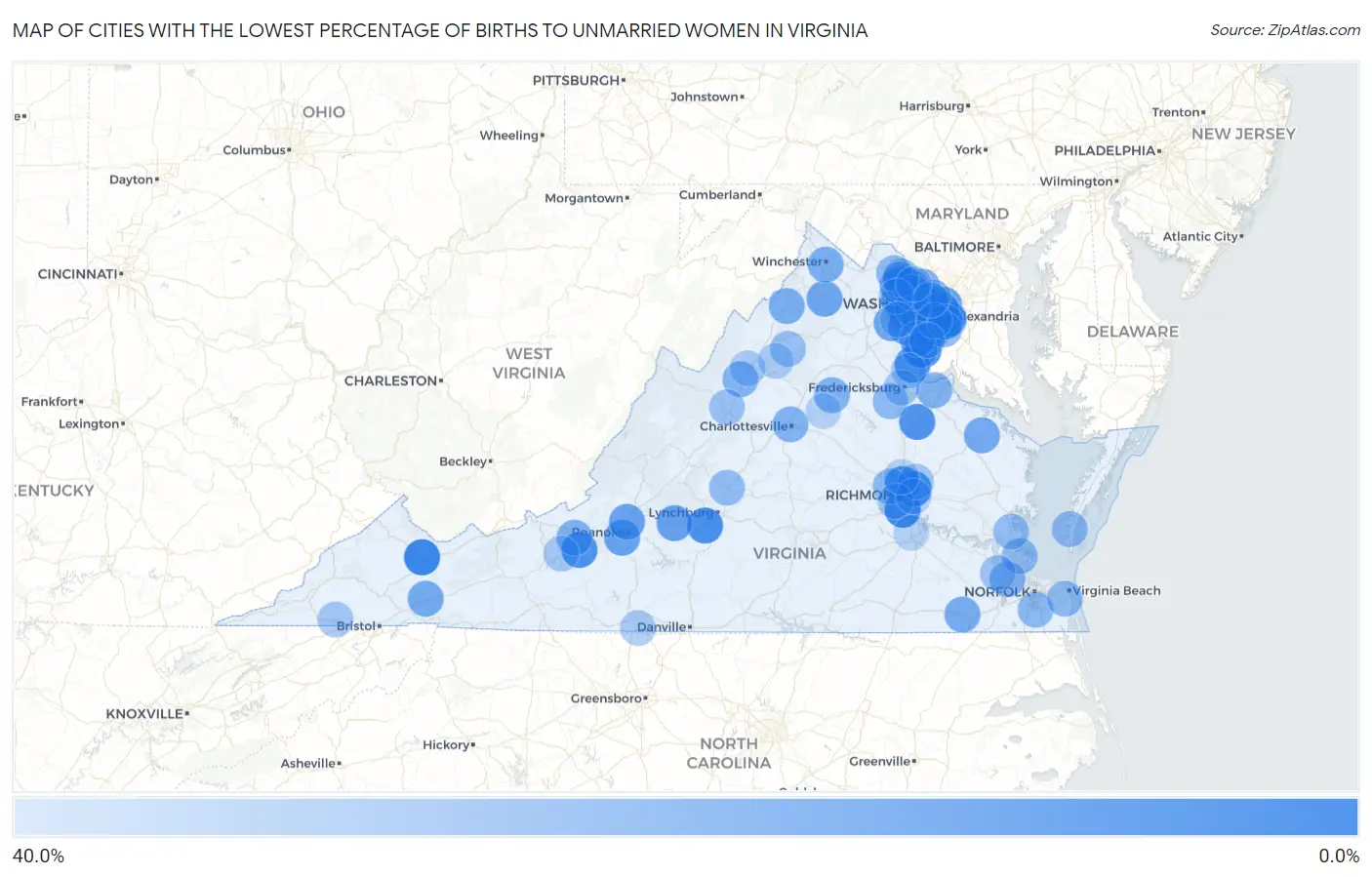 Cities with the Lowest Percentage of Births to Unmarried Women in Virginia Map