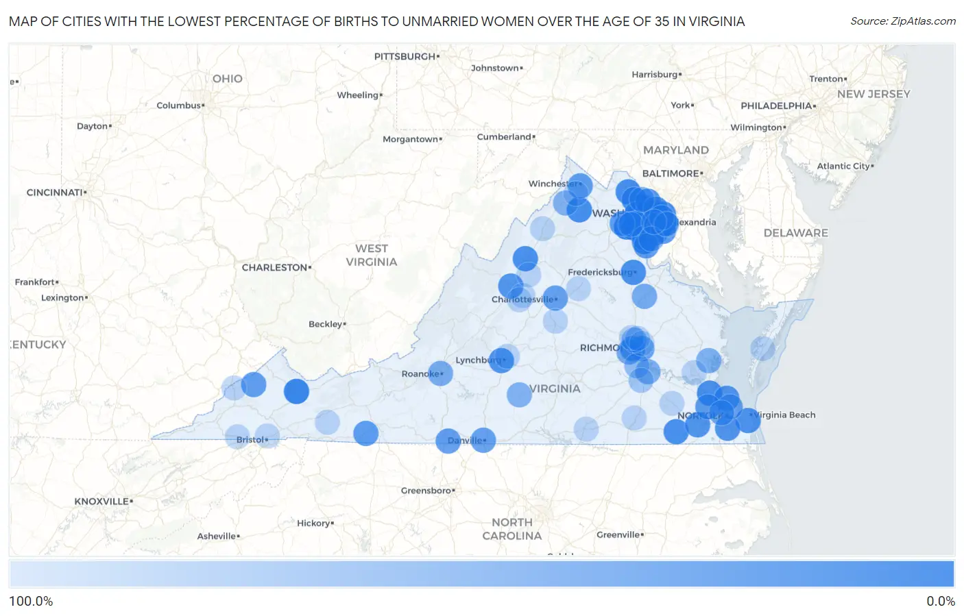 Cities with the Lowest Percentage of Births to Unmarried Women over the Age of 35 in Virginia Map