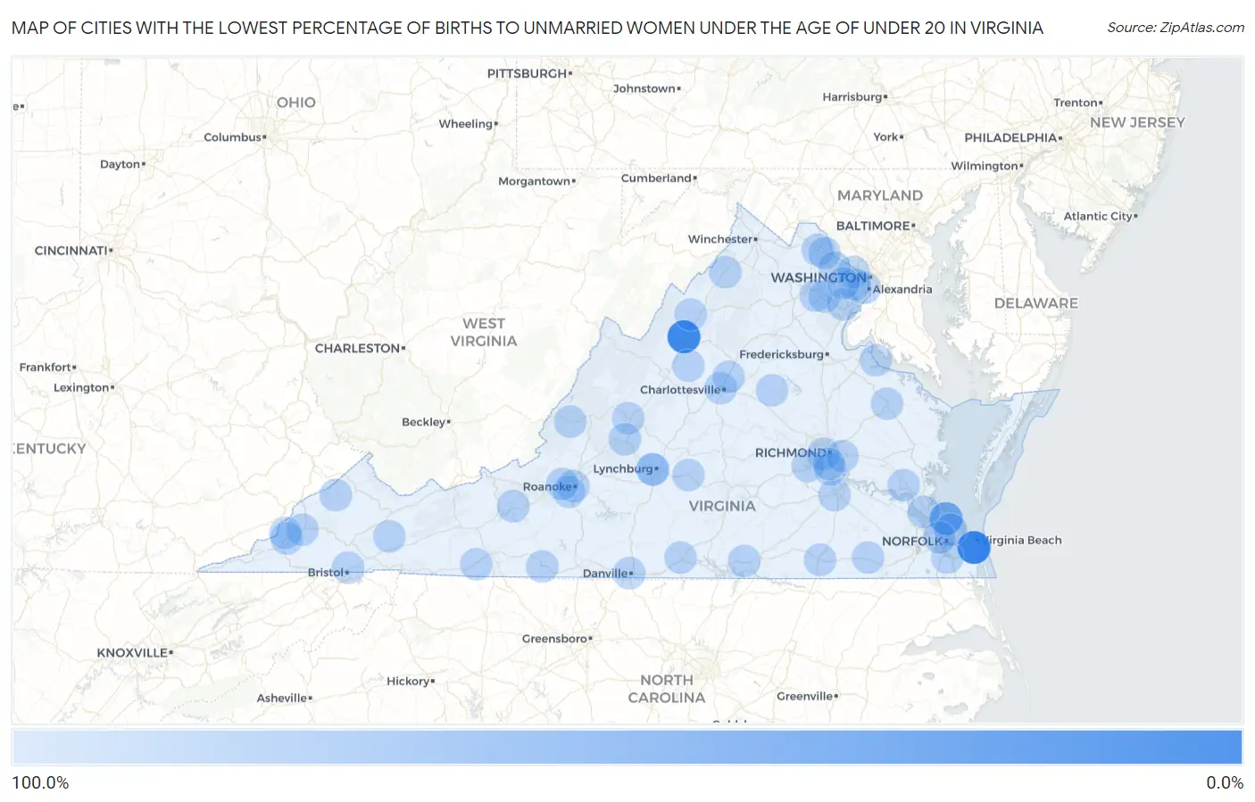 Cities with the Lowest Percentage of Births to Unmarried Women under the Age of under 20 in Virginia Map