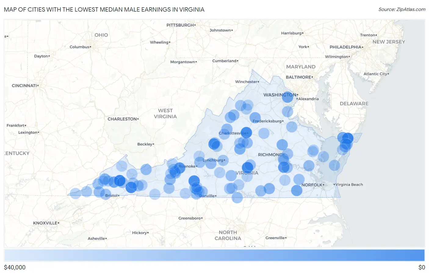 Cities with the Lowest Median Male Earnings in Virginia Map