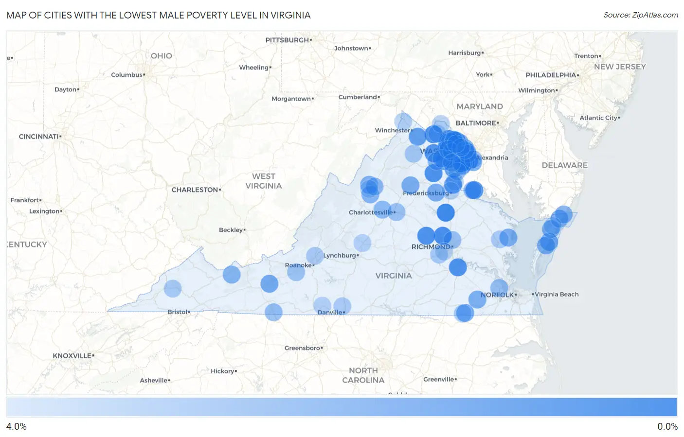 Cities with the Lowest Male Poverty Level in Virginia Map