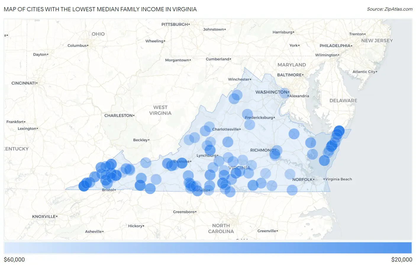 Cities with the Lowest Median Family Income in Virginia Map
