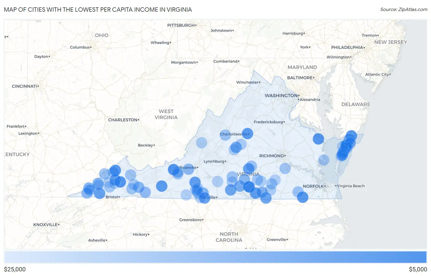 Cities with the Lowest Per Capita Income in Virginia Map