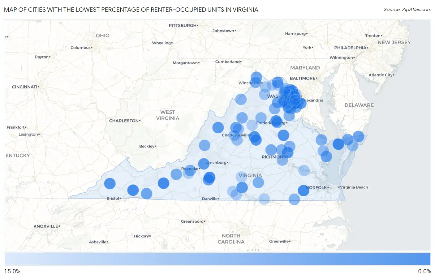 Cities with the Lowest Percentage of Renter-Occupied Units in Virginia Map