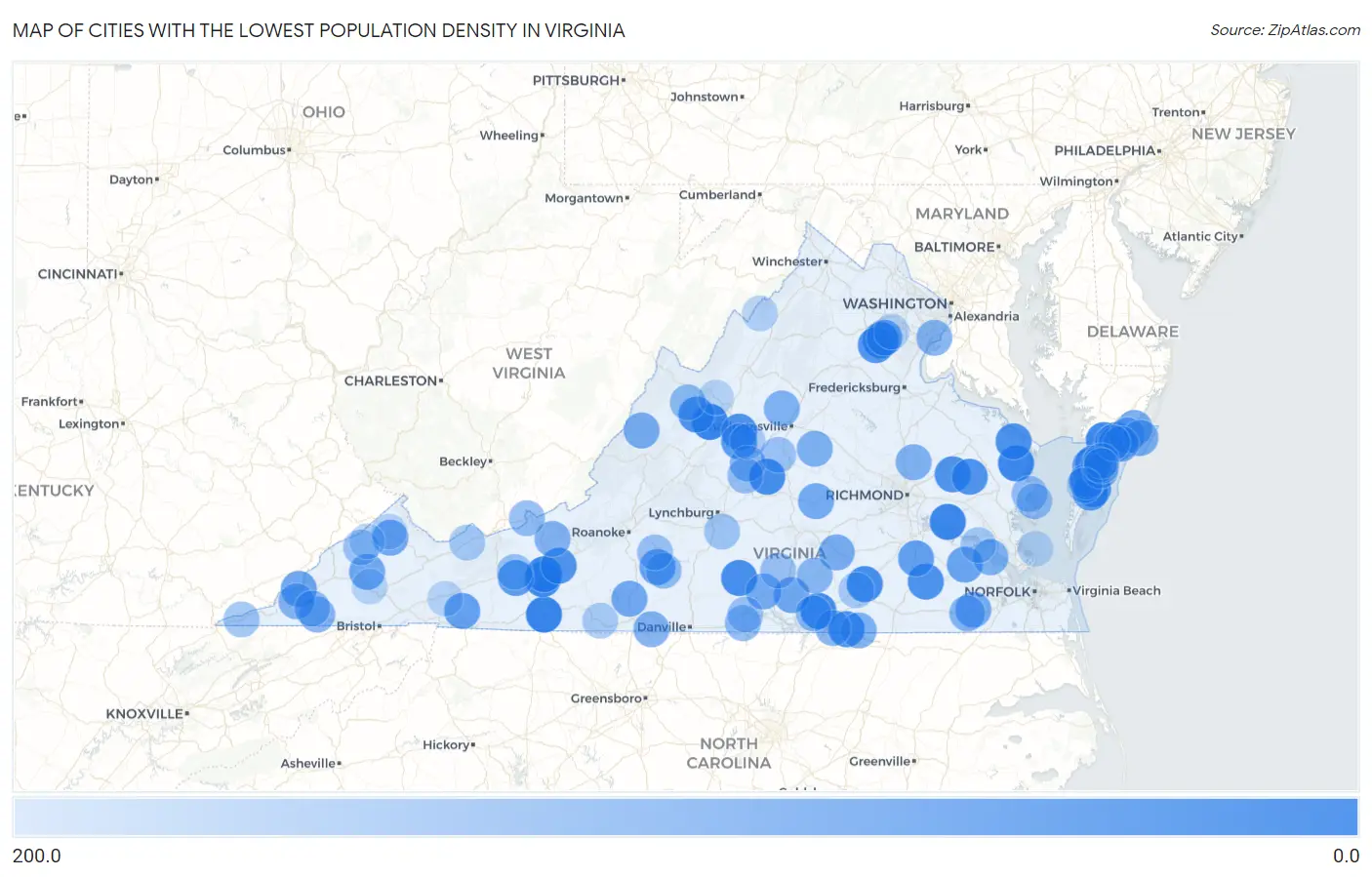 Cities with the Lowest Population Density in Virginia Map
