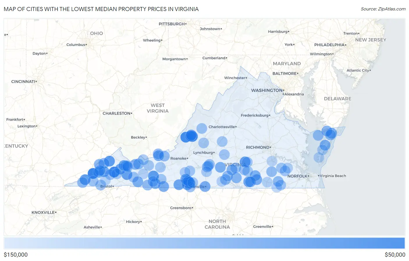 Cities with the Lowest Median Property Prices in Virginia Map