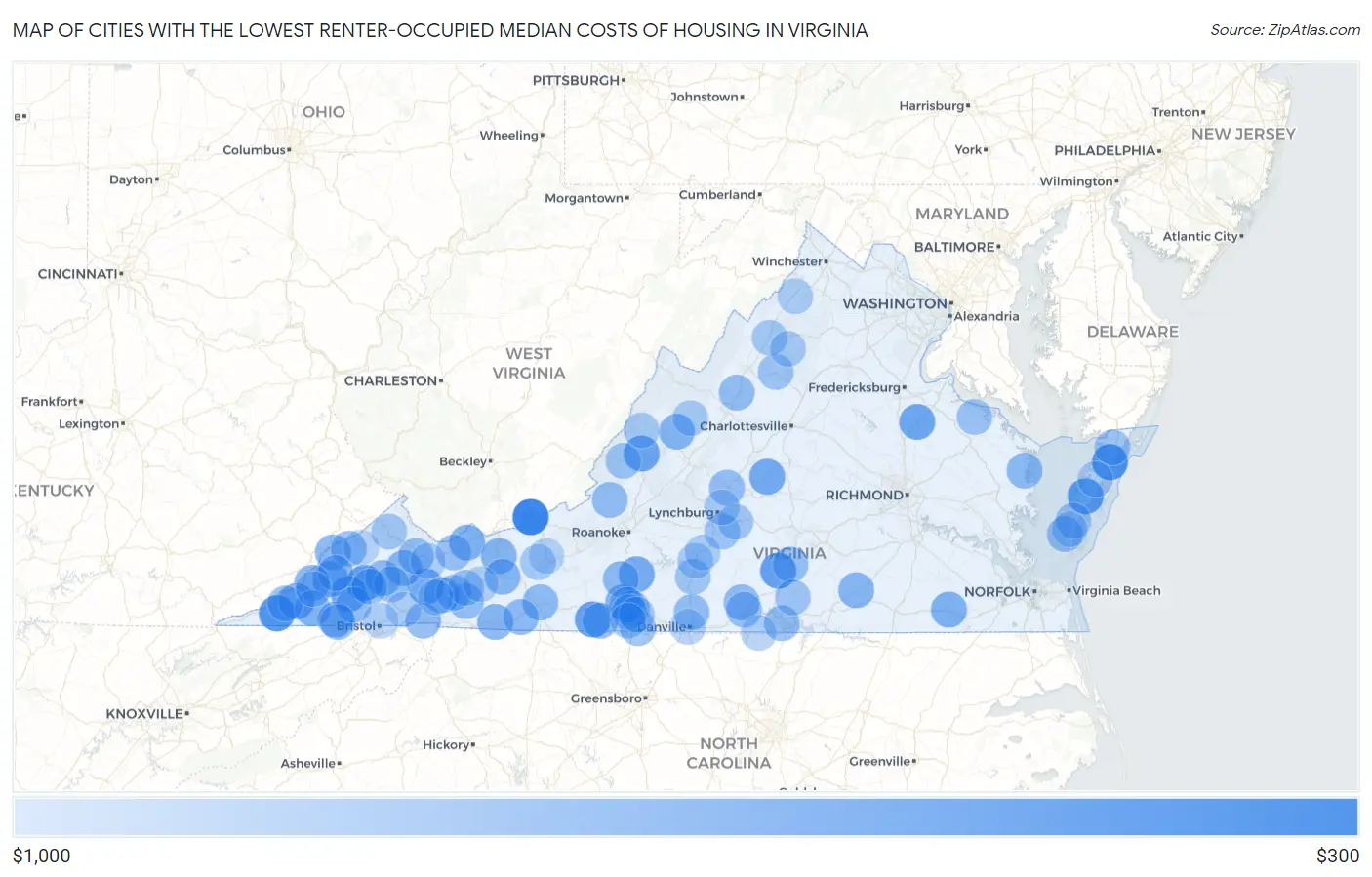 Cities with the Lowest Renter-Occupied Median Costs of Housing in Virginia Map