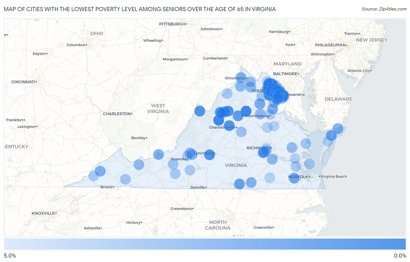Cities with the Lowest Poverty Level Among Seniors Over the Age of 65 in Virginia Map