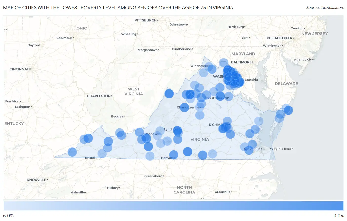 Cities with the Lowest Poverty Level Among Seniors Over the Age of 75 in Virginia Map