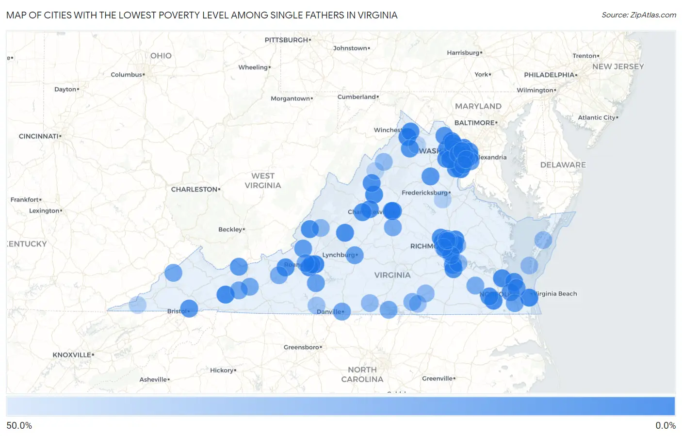 Cities with the Lowest Poverty Level Among Single Fathers in Virginia Map