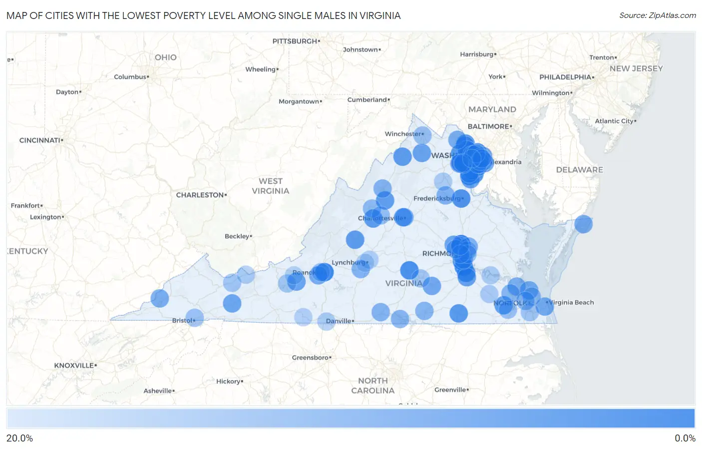 Cities with the Lowest Poverty Level Among Single Males in Virginia Map