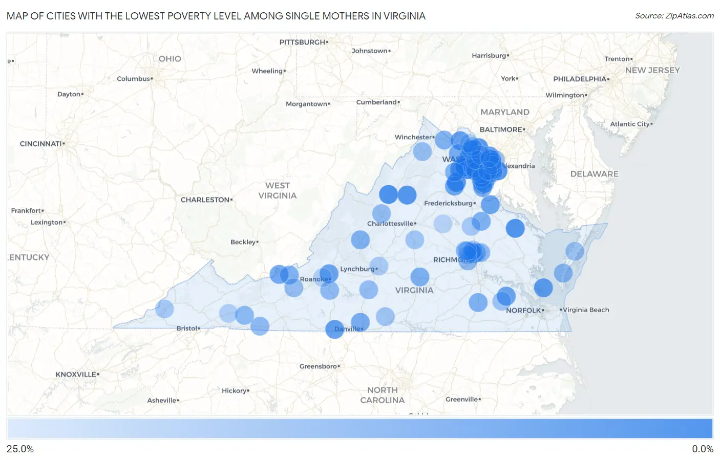 Cities with the Lowest Poverty Level Among Single Mothers in Virginia Map