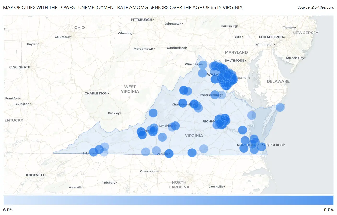 Cities with the Lowest Unemployment Rate Amomg Seniors Over the Age of 65 in Virginia Map