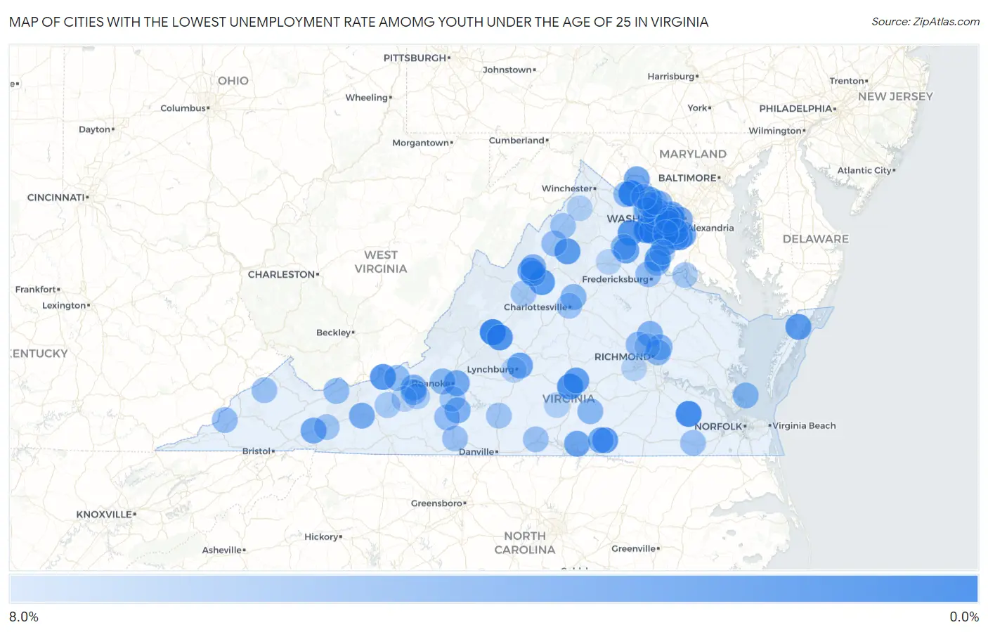 Cities with the Lowest Unemployment Rate Amomg Youth Under the Age of 25 in Virginia Map