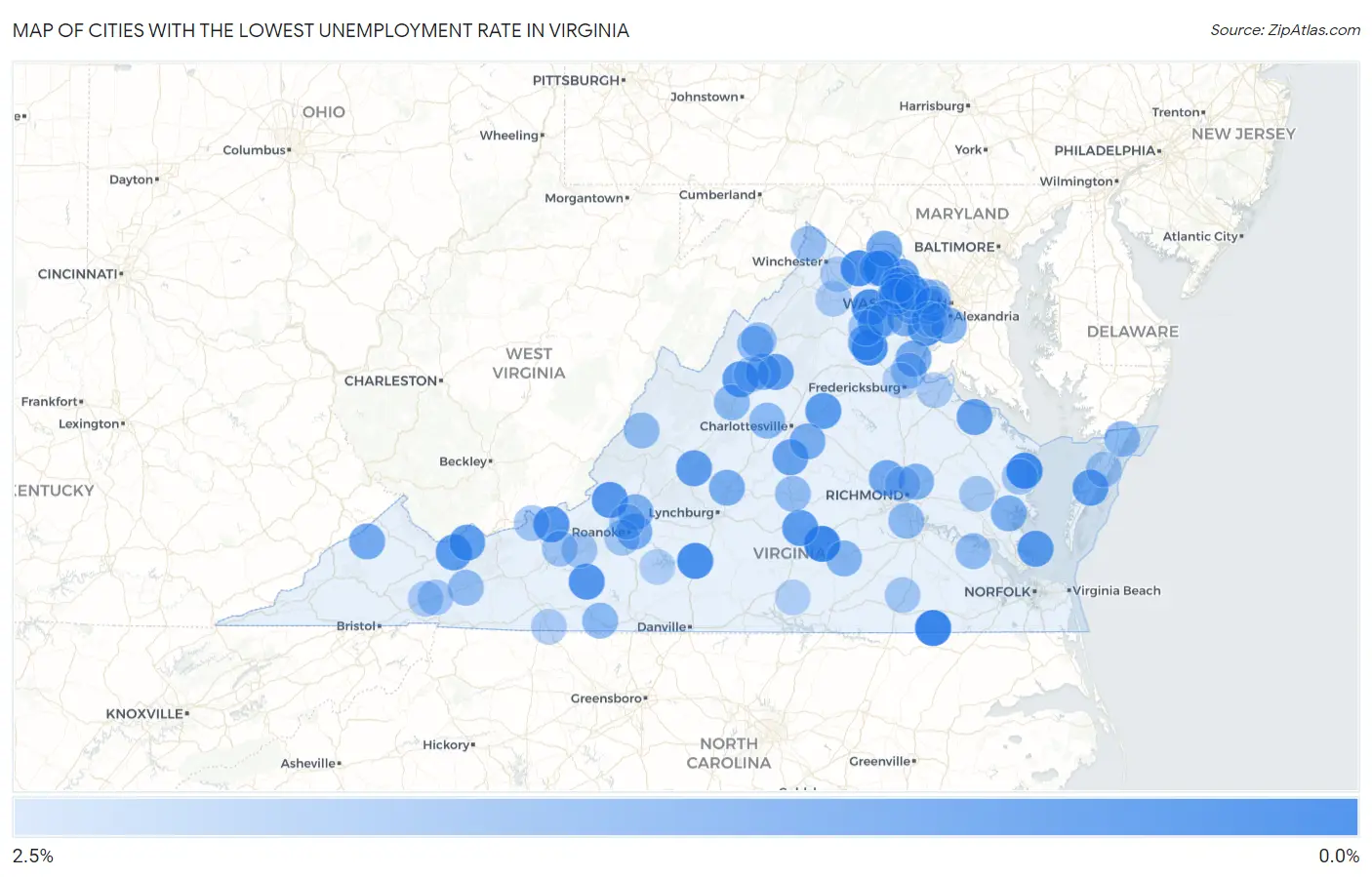 Cities with the Lowest Unemployment Rate in Virginia Map