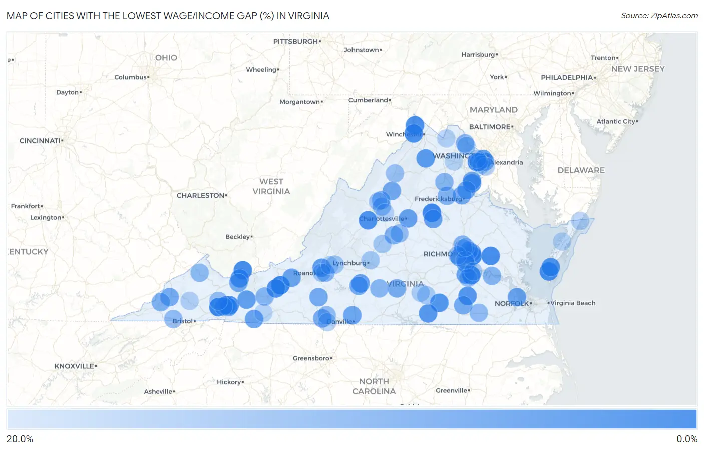 Cities with the Lowest Wage/Income Gap (%) in Virginia Map